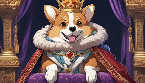 Corgi de style anime portant une couronne royale et une robe, assis royalement sur un trône en peluche.