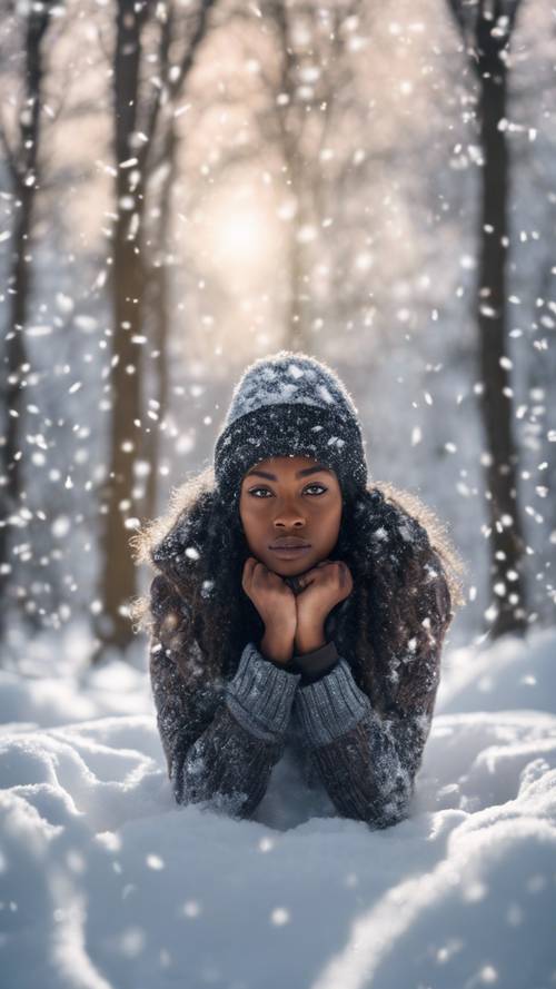 Seorang gadis kulit hitam dalam adegan musim dingin membuat malaikat salju.