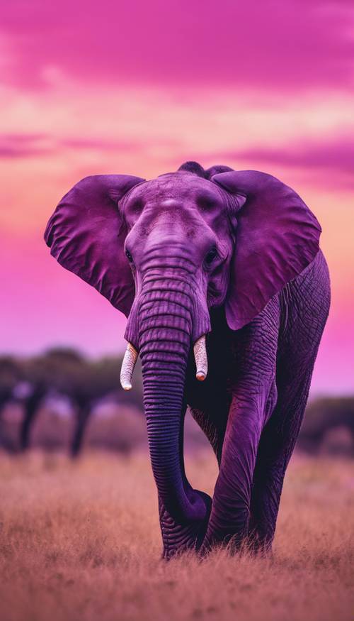 一頭成年非洲象，有著鮮豔的紫色色彩，在粉紅色的夕陽背景下高高地矗立。