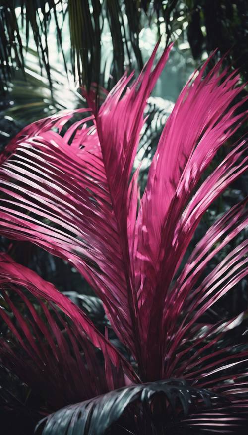 Несколько слоев розовых пальмовых листьев на темном, загадочном фоне джунглей.