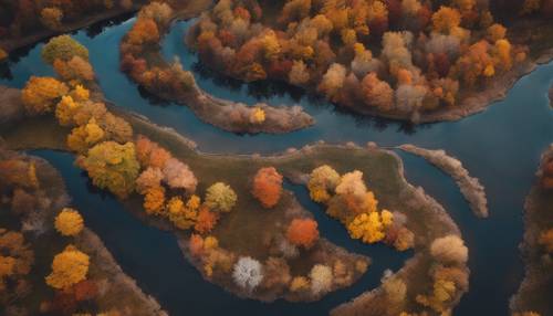 Çevredeki sonbahar ormanının yansıtan renkleriyle akan kıvrımlı bir nehrin havadan görünümü.