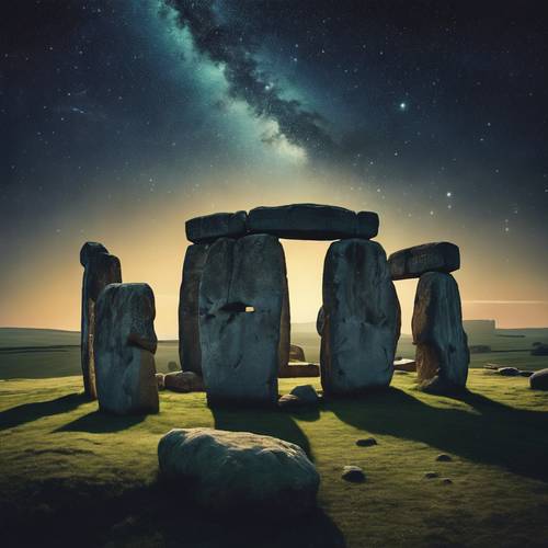 The Stonehenge with a bright comet crossing the starlit night sky, quote 'make every moment count' inscribed on the stones.