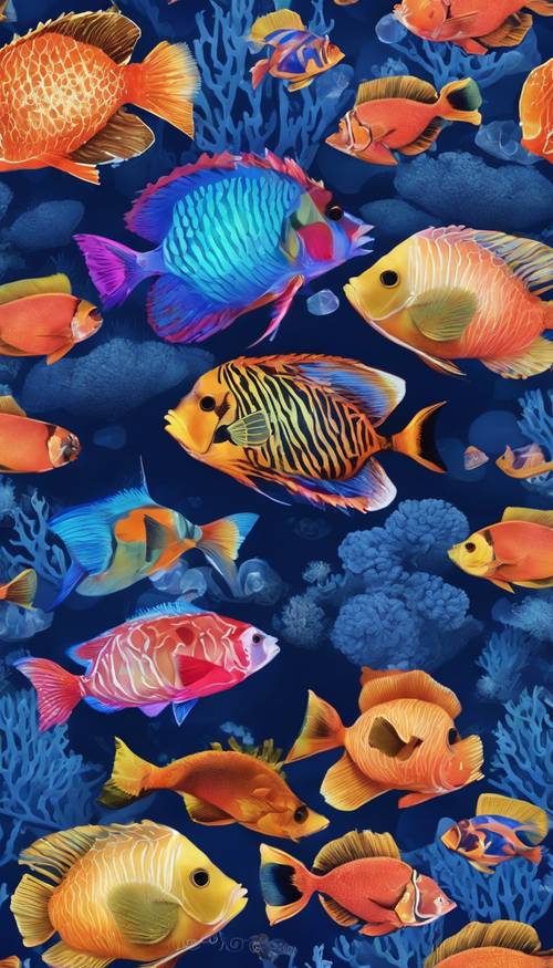 An underwater-themed seamless pattern of colorful exotic fishes swimming around vibrant sea corals on a deep blue oceanic background.