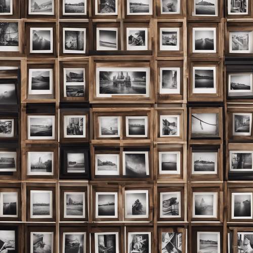 An array of brown wooden picture frames featuring black and white photographs.