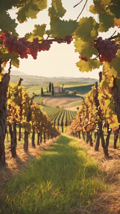 Kebun anggur yang tenang di Tuscany bermandikan cahaya pagi.
