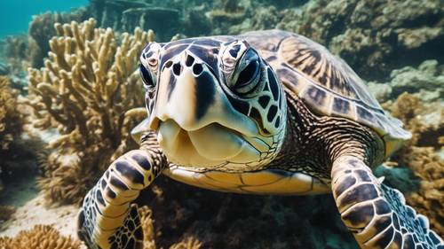 Eine Unterwasseransicht einer Karettschildkröte mit schnabelartigem Maul und prächtigem Panzermuster.