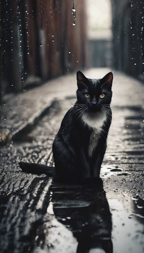 Um gato preto solitário em um beco vazio, gotas de chuva caindo ao redor dele