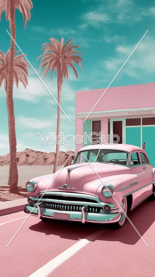 Pink Vintage Car and House under Palm Trees