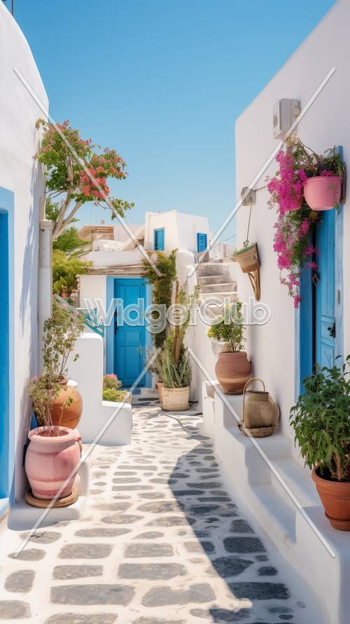 Belle porte blu e vasi di fiori in un villaggio bianco soleggiato