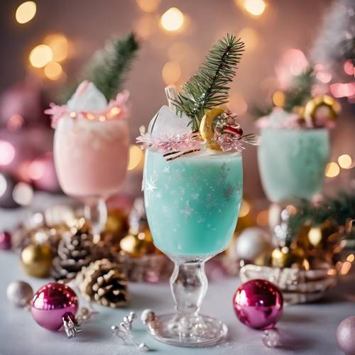 Koktail dalam warna pastel dihiasi dengan dekorasi bertema Natal yang dapat dimakan.