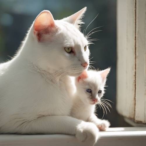 Un&#39;adorabile scena di una mamma gatta Bobtail bianca che pulisce amorevolmente i suoi cuccioli miagolanti sul davanzale di una finestra baciata dal sole.