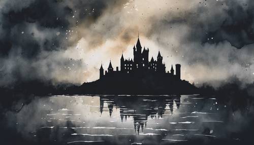 A watercolor painting of a dark castle silhouette against an ominous cloudy sky.