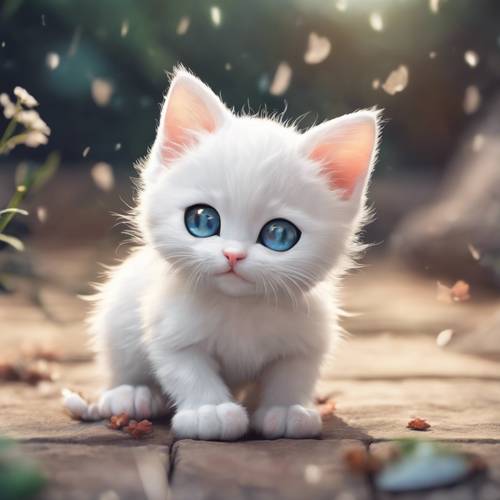Zbliżenie na rysunek w stylu kawaii przedstawiający białego kotka z łapami uniesionymi w szczęściu.
