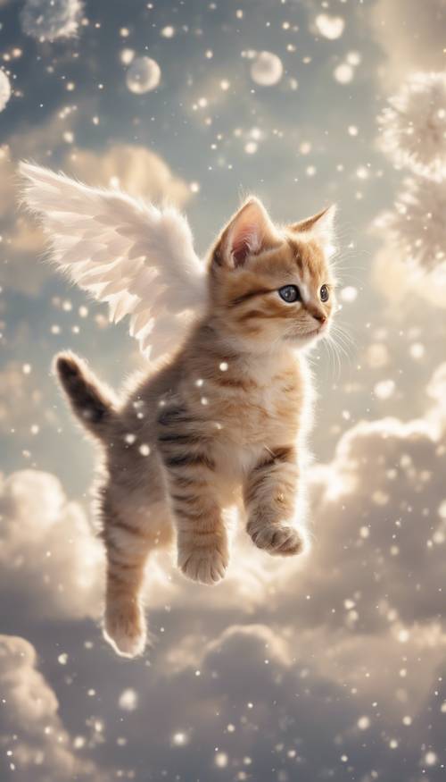 Una encantadora imagen de fantasía de lindos gatitos con alas de ángel retozando en un paisaje celestial de nubes navideñas.