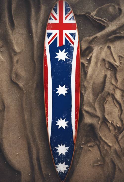 Eine im Grunge-Stil illustrierte australische Flagge, gemalt auf einem verwitterten Surfbrett.