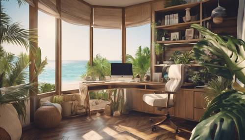 Modernes, tropisch inspiriertes Home-Office mit Blick auf den hellen, sonnigen Strand.