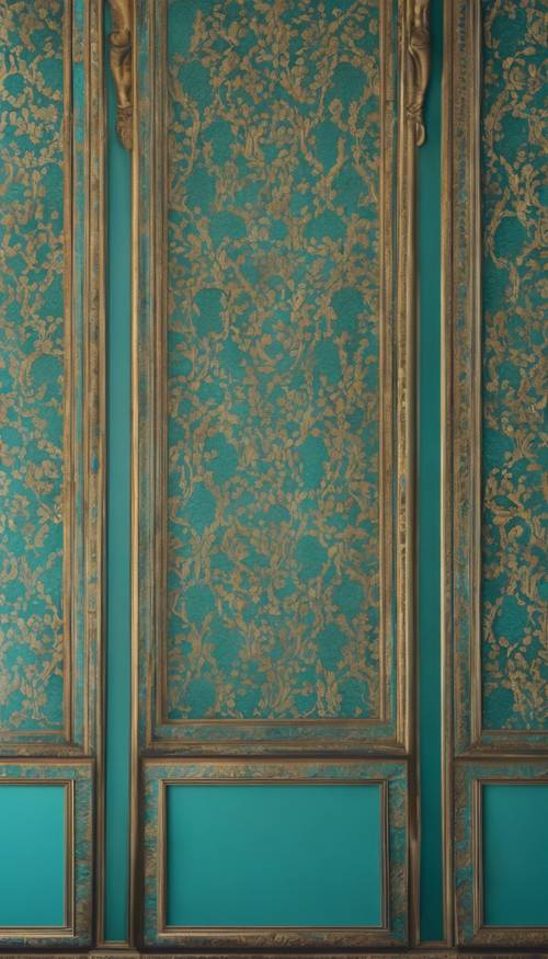 La pared de un gran salón cubierta con un opulento papel pintado de color turquesa con estampado de damasco.