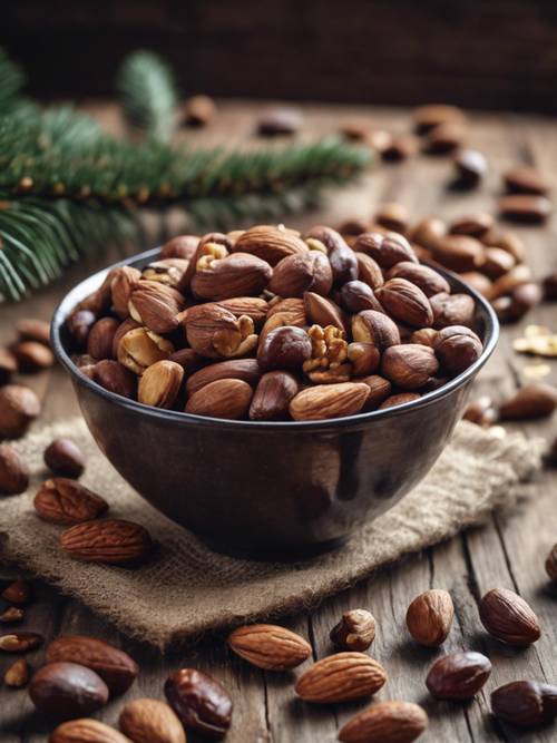 A bowl of dark brown mixed nuts on a rustic table laid for a holiday feast.