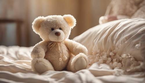 A charming cream silk teddy bear sitting on a child's bed.