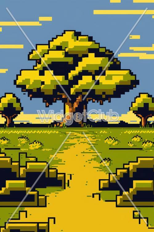 Büyük Ağaç ile Pixel Art Güneşli Bir Gün