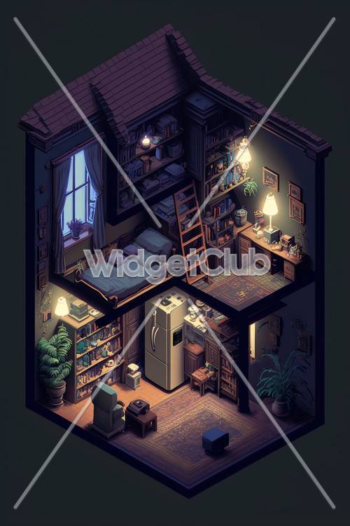 Cozy Room with Books and Lamps at Night