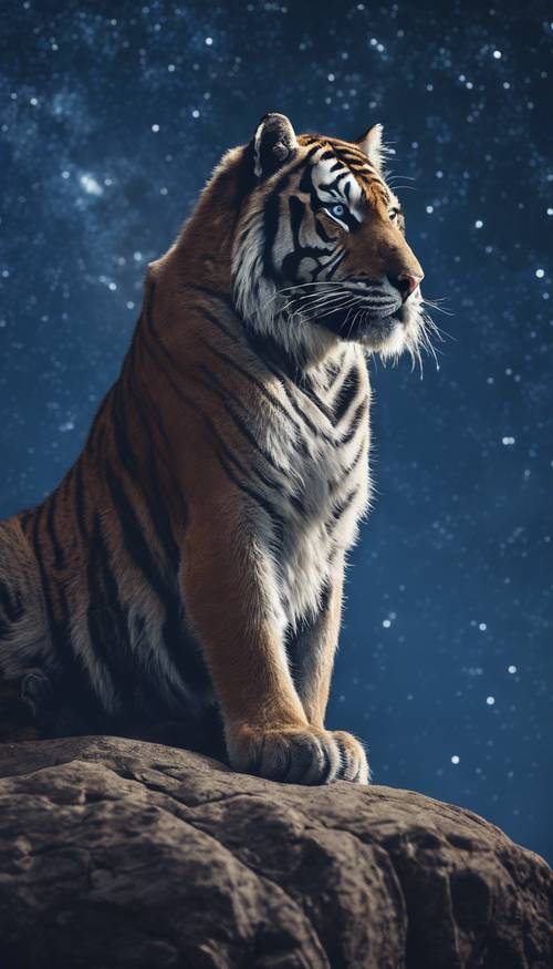 A majestic blue tiger sitting on top of a large rock under the starry night sky. Tapet [08f02fb961cf4ed3ad55]