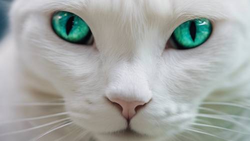 Uma exposição de fotografias de um gato branco com olhos heterocromáticos – um azul, um verde, olhando pelos cantos escuros.