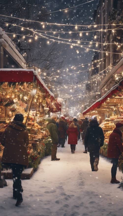 A festive town market bustling with Christmas shopping, glittering with holiday decor and snowflakes gently falling.