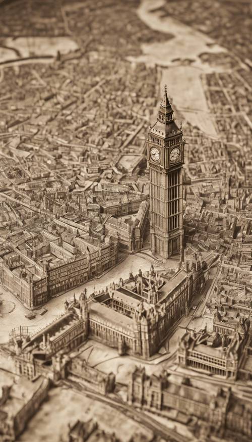 Zniszczona, zabytkowa mapa Londynu w odcieniach sepii z XIX wieku.