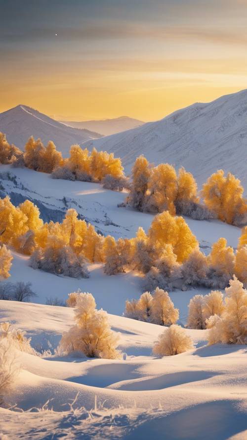 Un paysage de montagnes enneigées blanches sous un soleil couchant jaune.