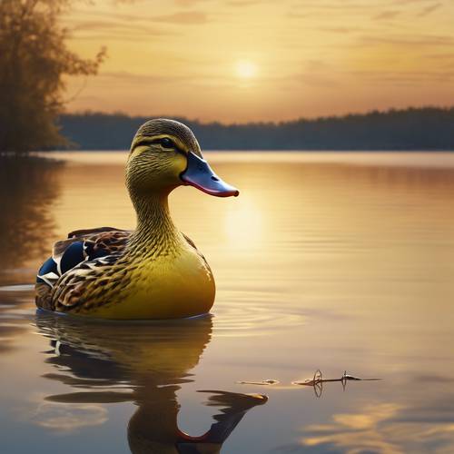 Bardzo szczegółowy obraz olejny przedstawiający żółtą kaczkę na tle błyszczącego jeziora pod wieczornym niebem.
