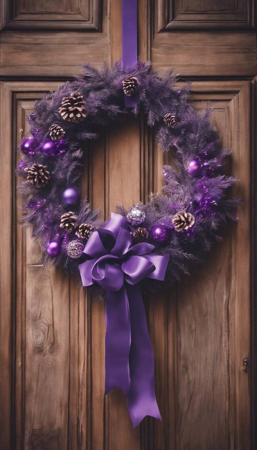 Une couronne de Noël violette festive sur une porte en bois rustique.