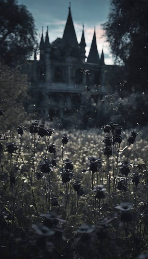 حقل مقمر من الزهور السوداء المتفتحة في حديقة قوطية.
