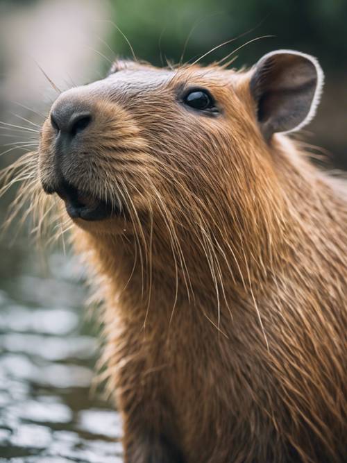 Une image capturant l&#39;émotion brute d&#39;un capybara lors d&#39;un moment de tranquillité.