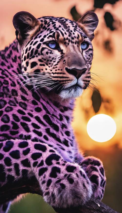 Un maestoso leopardo viola appoggiato su un ramo di un albero contro un cielo al tramonto.