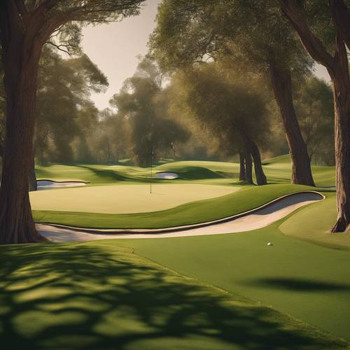 Ein grüner Golfplatz im Kontrast zu den braunen, von Bäumen gesäumten Wegen.