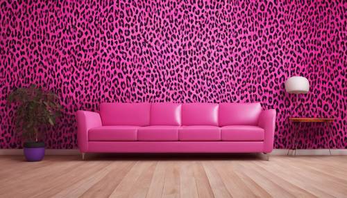Um papel de parede rosa choque com estampa de leopardo cobrindo uma sala inteira.