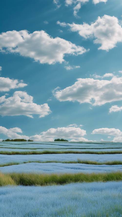 Uma paisagem serena de infinitas planícies azuis sob um céu azul brilhante.
