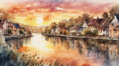 A watercolor depiction of a sunset melting into a quaint, riverside village.