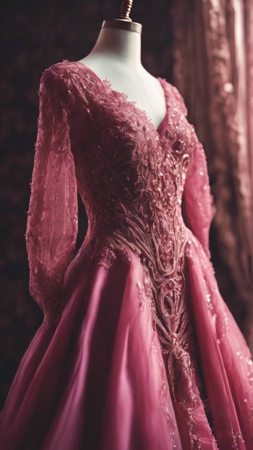 Un extravagante vestido de seda rosa oscuro, detallado con intrincadas lentejuelas y encaje transparente, elegantemente drapeado sobre un maniquí.