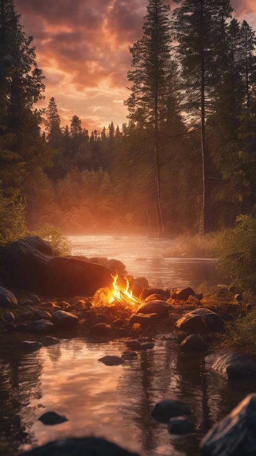 森の中で一人で焚かれた目を見張る夕日の下のキャンプファイヤー