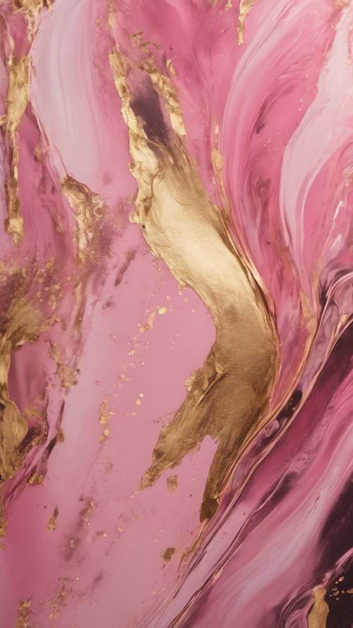 Uma tela revelando pinceladas suaves de rosa abstrato e dourado se fundindo.