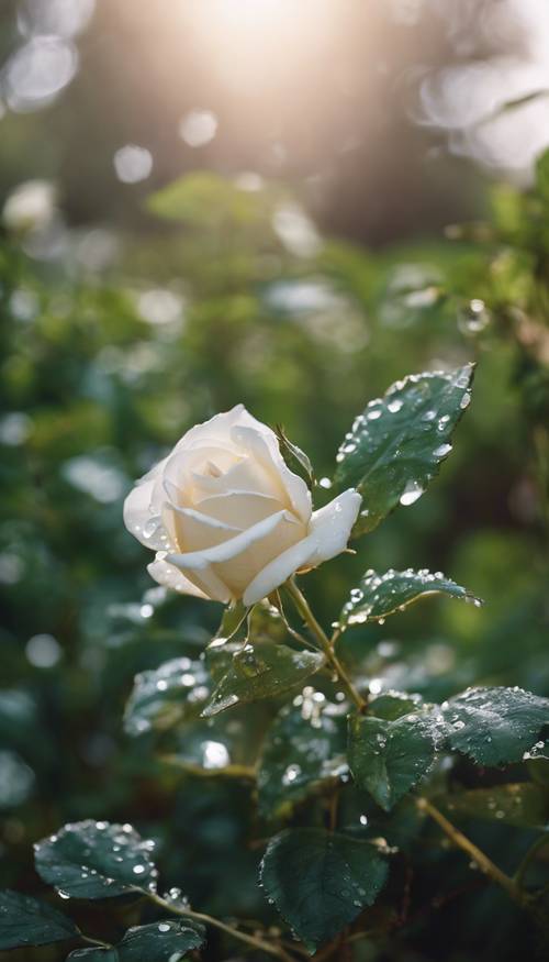 Eine zarte weiße Rose, die im Morgentau eines leuchtend grünen Gartens ruht.