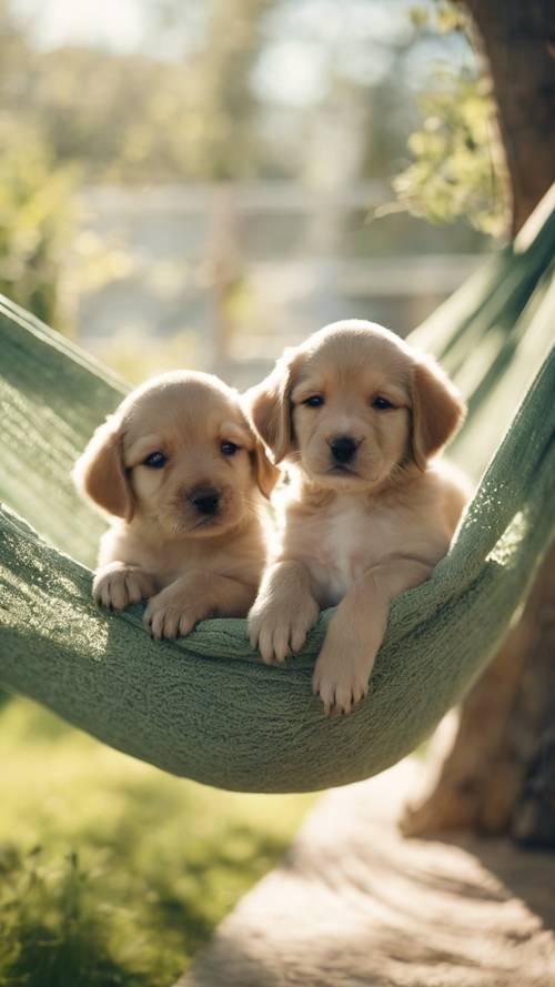 A pair of newborn puppies snuggled in a sage green hammock in a sunny backyard.