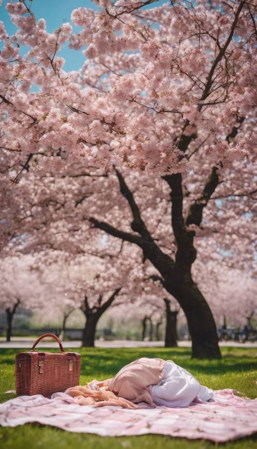 Un picnic romantico sotto un grande albero di ciliegio con petali sparsi su una coperta scozzese.
