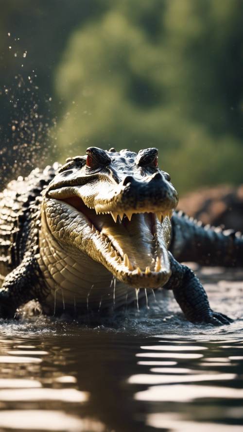 An intense scene of a crocodile propelling itself out of the water to catch its prey.