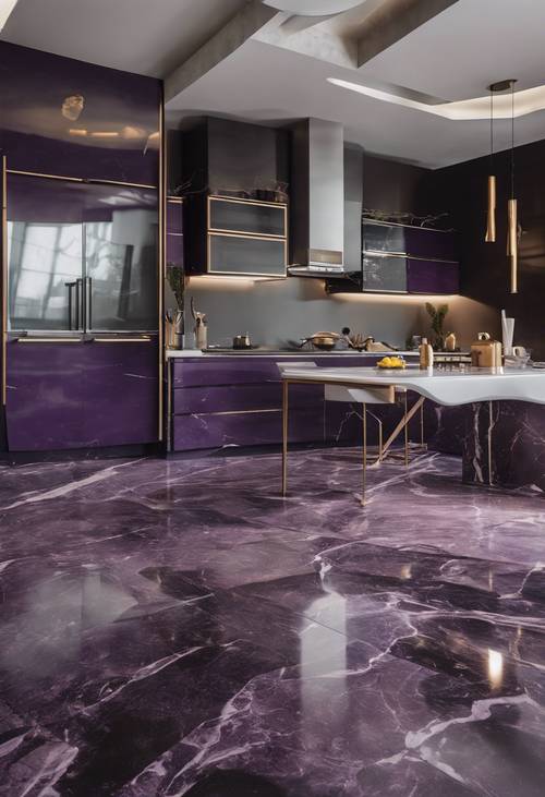 Sol en marbre violet foncé dans une cuisine moderne.