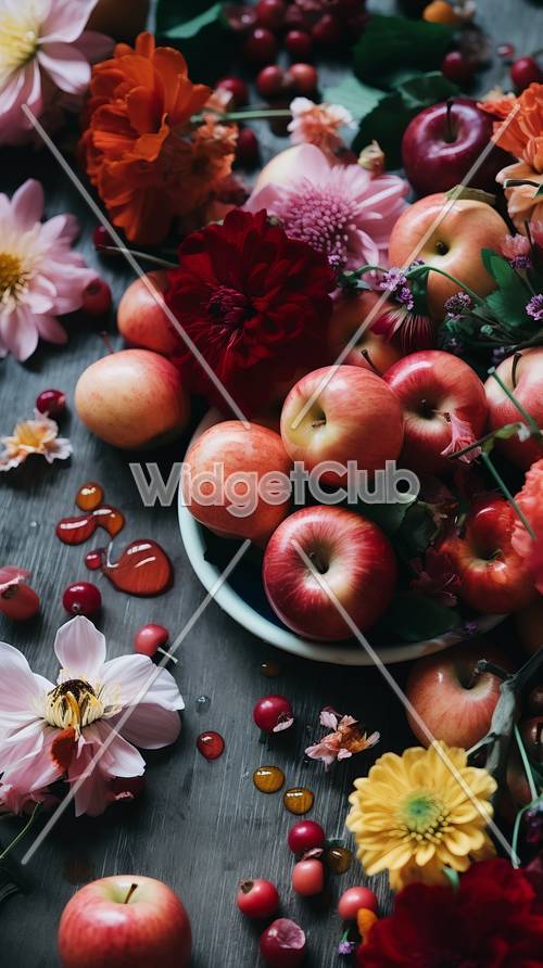 แอปเปิ้ลและดอกไม้ที่สวยงามบนโต๊ะ