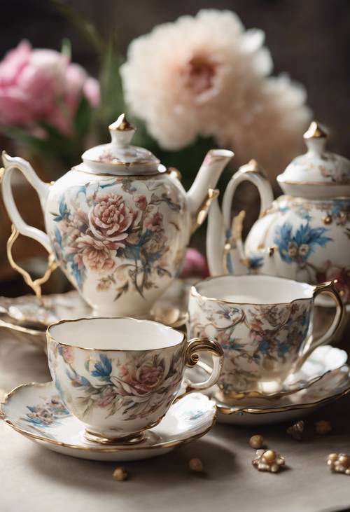 Antika çini çay setini süsleyen el boyaması krem ​​çiçek motifleri.