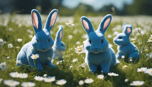 Um grupo de coelhos azuis brincando alegremente em um campo gramado cheio de margaridas.